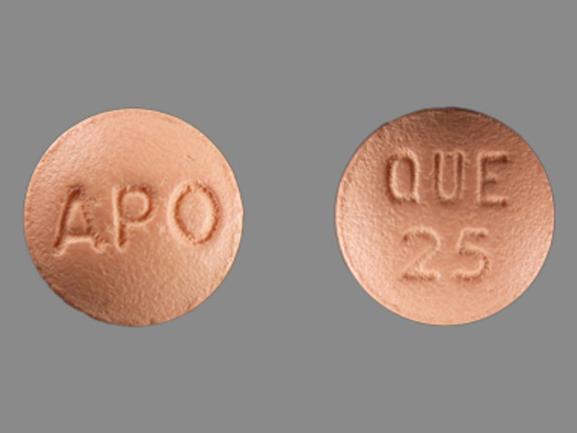 Pill APO QUE 25 Peach Round is Quetiapine Fumarate