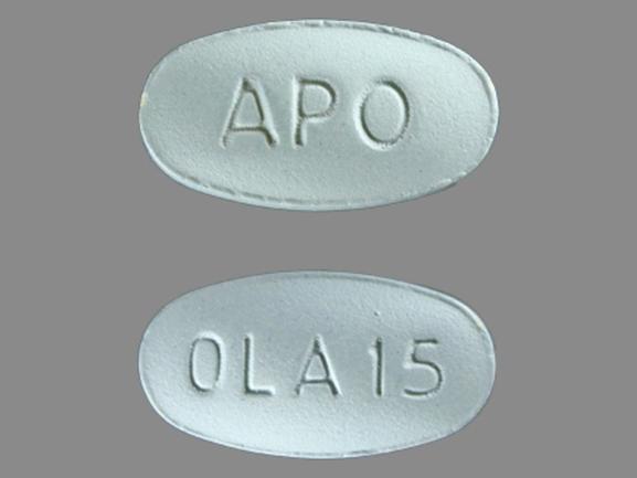 Pill APO OLA 15 Blue Elliptical/Oval is Olanzapine
