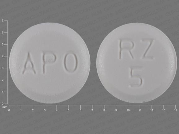Pill APO RZ 5 White Round is Rizatriptan Benzoate (Orally Disintegrating)
