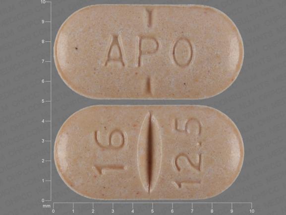 Pill APO 16 12.5 Peach Capsule-shape is Candesartan Cilexetil and Hydrochlorothiazide