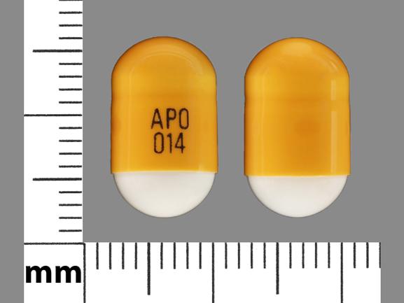 Pill APO 014  Orange & White Capsule/Oblong is Dilt-XR
