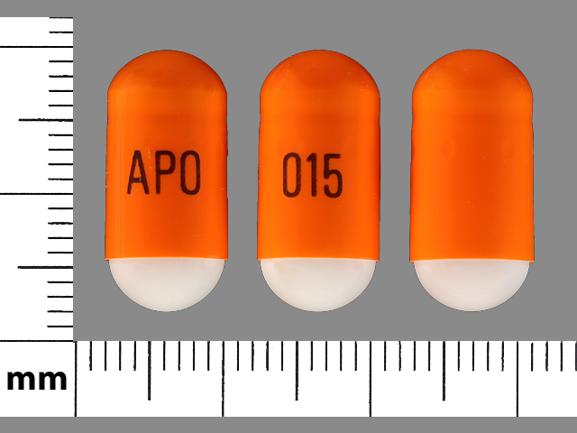 Pill APO 015  Orange & White Capsule/Oblong is Dilt-XR