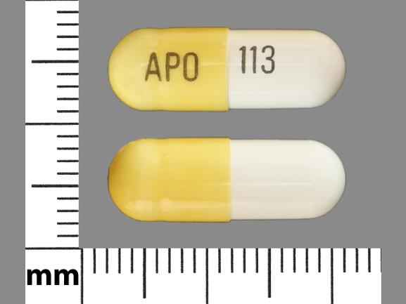 Pill APO 113 White & Yellow Capsule/Oblong is Gabapentin