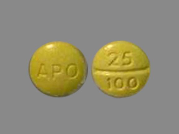 Pill APO 25 100 Yellow Round is Carbidopa and Levodopa