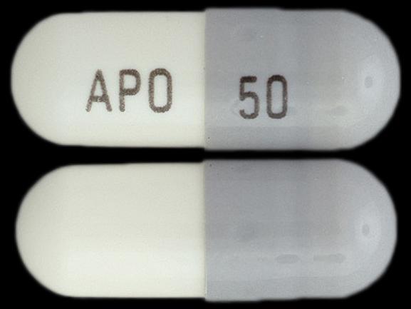 Pill APO 50 Gray & White Capsule-shape is Zonisamide