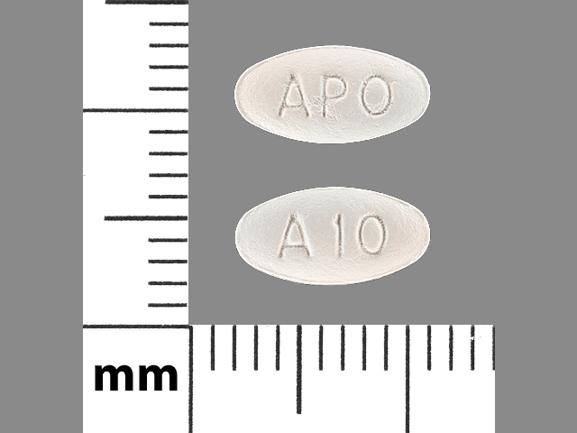 Pill APO A10 White Elliptical/Oval is Atorvastatin Calcium