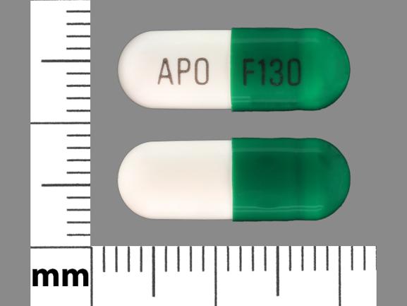 Pill APO F130 Green & White Capsule/Oblong is Fenofibrate (Micronized)