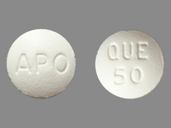 Pill APO QUE 50 White Round is Quetiapine Fumarate.