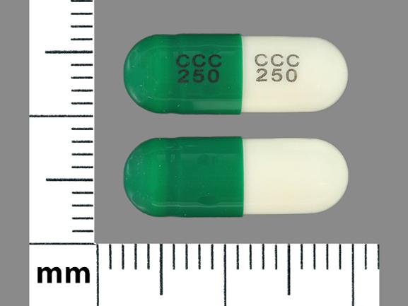 Pill CCC 250 CCC 250 Green & White Capsule/Oblong is Cephalexin Monohydrate