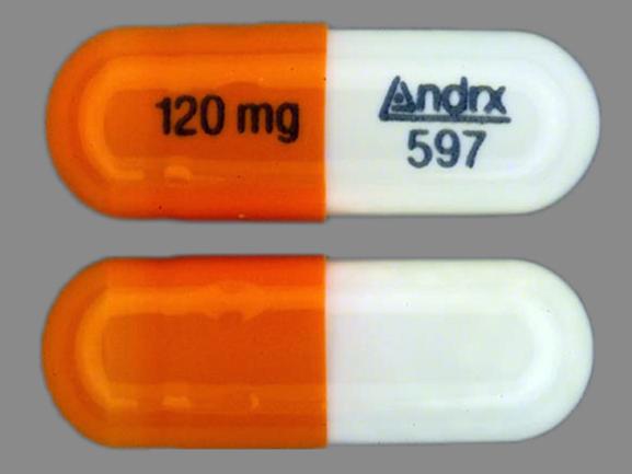 Pill 120 mg Andrx 597 Orange & White Capsule/Oblong is Cartia XT
