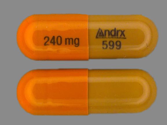 Pill 240 mg Andrx 599 Brown & Orange Capsule/Oblong is Cartia XT