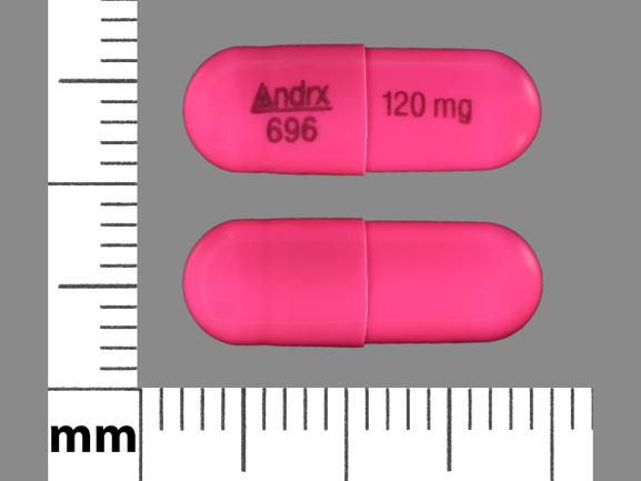 Pill Andrx 696 120 mg Pink Capsule/Oblong is Diltiazem Hydrochloride Extended-Release