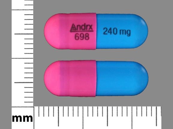 Pill Andrx 698 240 mg Blue & Pink Capsule-shape is Diltiazem Hydrochloride Extended-Release