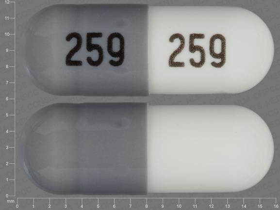 Pill 259 259 Gray & White Capsule-shape is Zonisamide