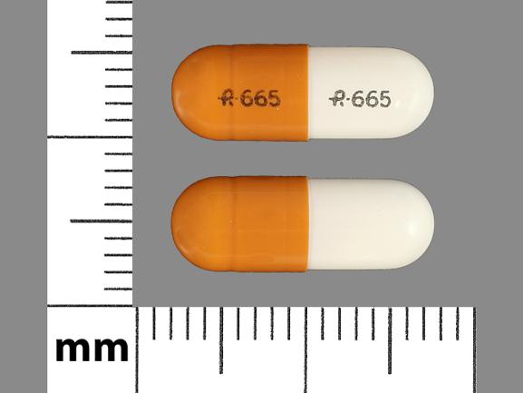 Pill R 665 R 665 Brown & White Capsule-shape is Gabapentin