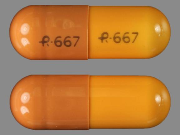 Pill R 667 R 667 Brown & Orange Capsule/Oblong is Gabapentin