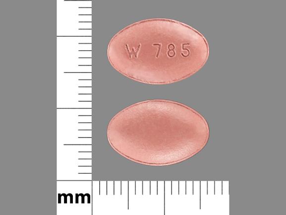 Pill W 785 Red Elliptical/Oval is Carbidopa, Entacapone and Levodopa