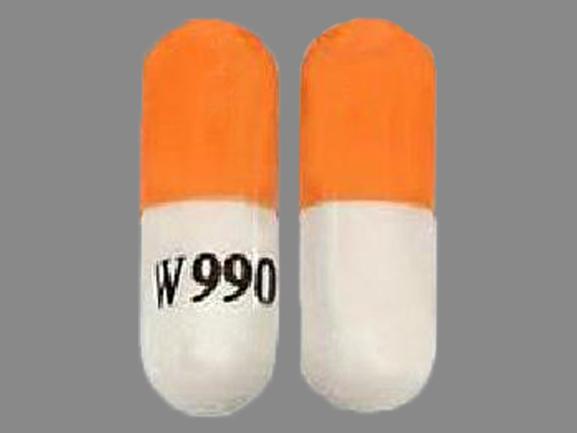 Pill W990 Orange & White Capsule/Oblong is Zonisamide