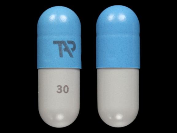 TAP 30 Pill Images (Blue &amp; Gray / Capsule-shape)