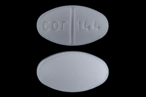 Pill cor 144 White Elliptical/Oval is Benztropine Mesylate