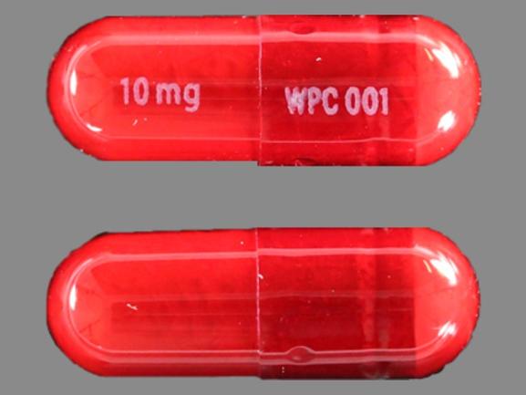 Pill 10 mg WPC 001 Red Capsule/Oblong is Dibenzyline