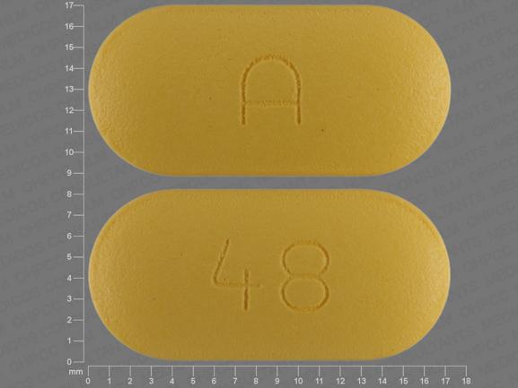 Pill A 48 Yellow Capsule-shape is Glyburide and Metformin Hydrochloride.