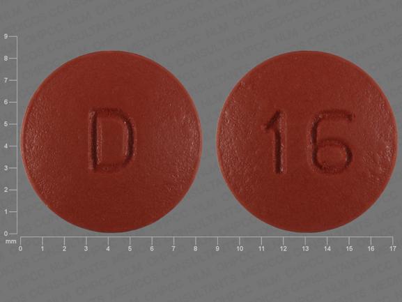 Pill D 16 Brown Round is Quinapril Hydrochloride