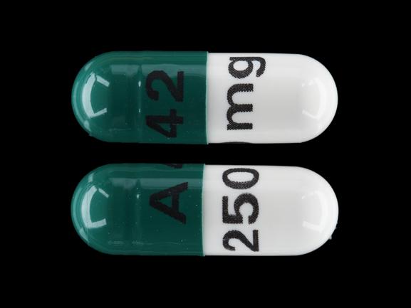 Pill A 42 250 mg Green & White Capsule-shape is Cephalexin Monohydrate