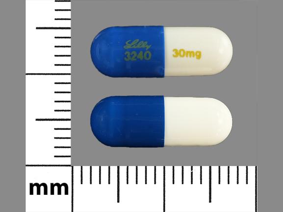 Pill Lilly 3240 30mg Blue & White Capsule-shape is Duloxetine Hydrochloride Delayed-Release