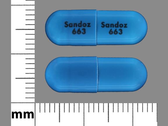 Pill Sandoz 663 Sandoz 663 Blue Capsule/Oblong is Cefdinir