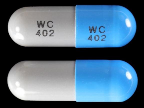 Pill WC 402 WC 402 Blue & Gray Capsule-shape is Ampicillin