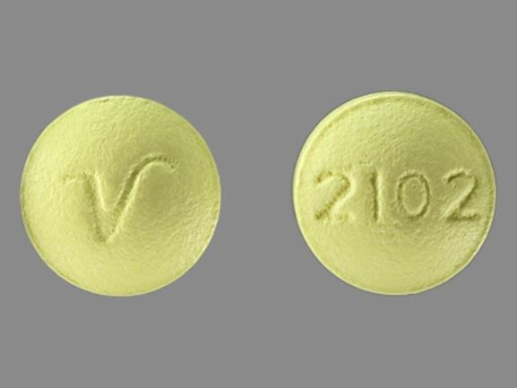 Pill V 2102 Yellow Round is Amitriptyline Hydrochloride
