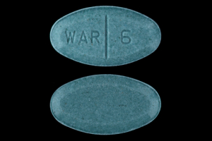 Pill WAR 6 Blue Oval is Warfarin Sodium