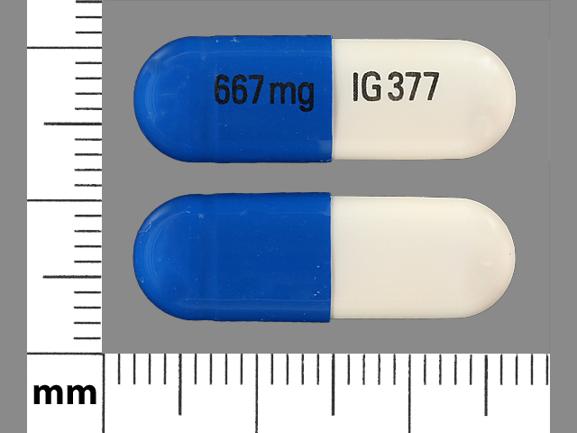 Pill 667 mg IG 377 Blue & White Capsule/Oblong is Calcium Acetate