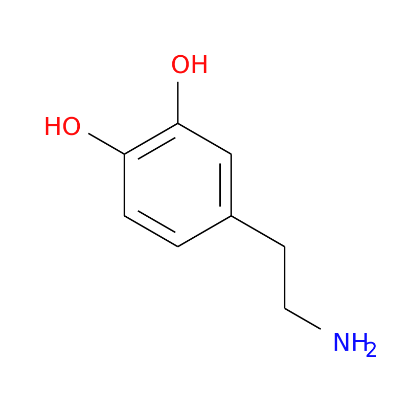 Molecular formula of dopamine. Dopamine is a chemical naturally