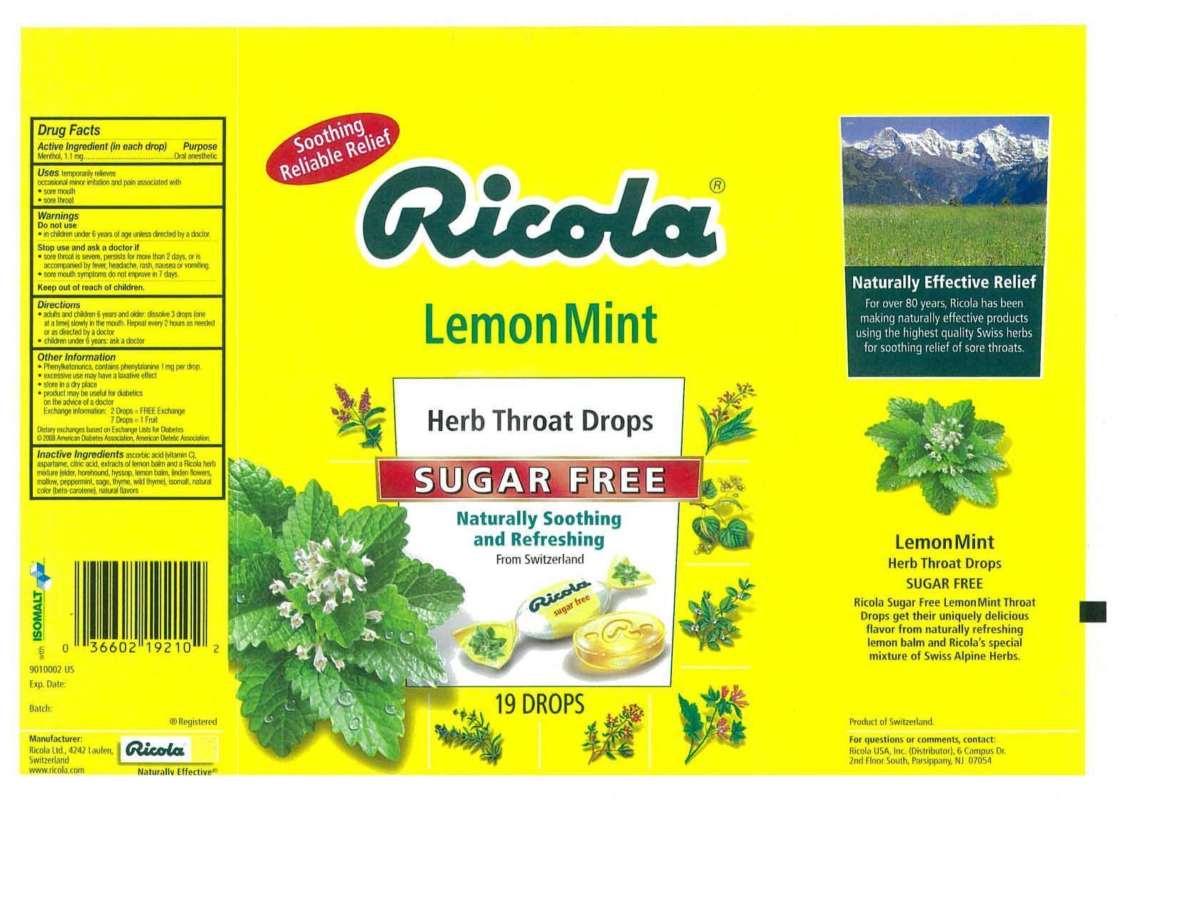 SUGAR FREE LEMON MINT HERB THROAT DROPS (lozenge) Ricola Ag SUGAR FREE LEMON MINT HERB THROAT DROPS (lozenge) Ricola Ag