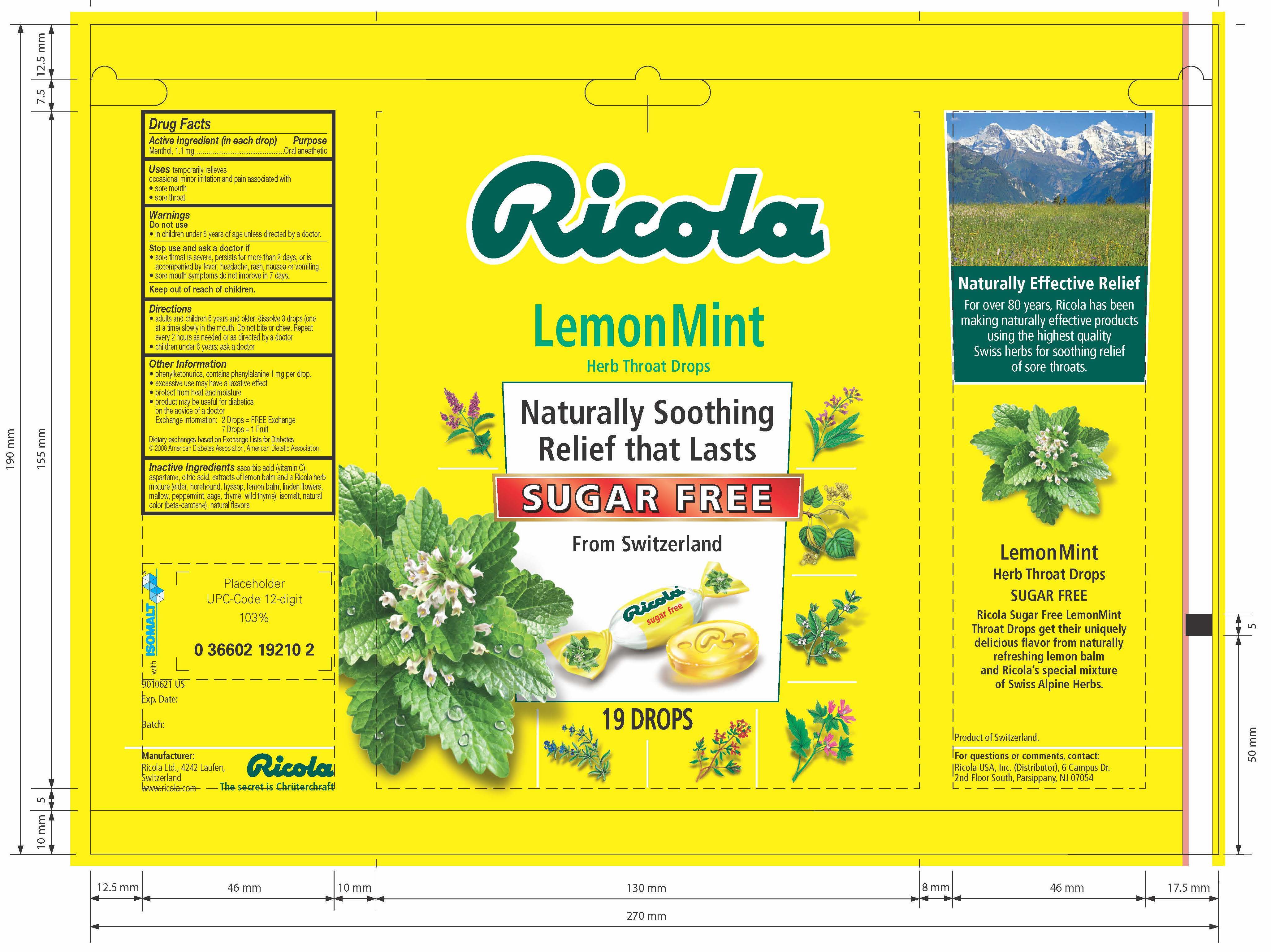 Ricola Sugar Free Lemon Mint Throat Drops - 45 Count