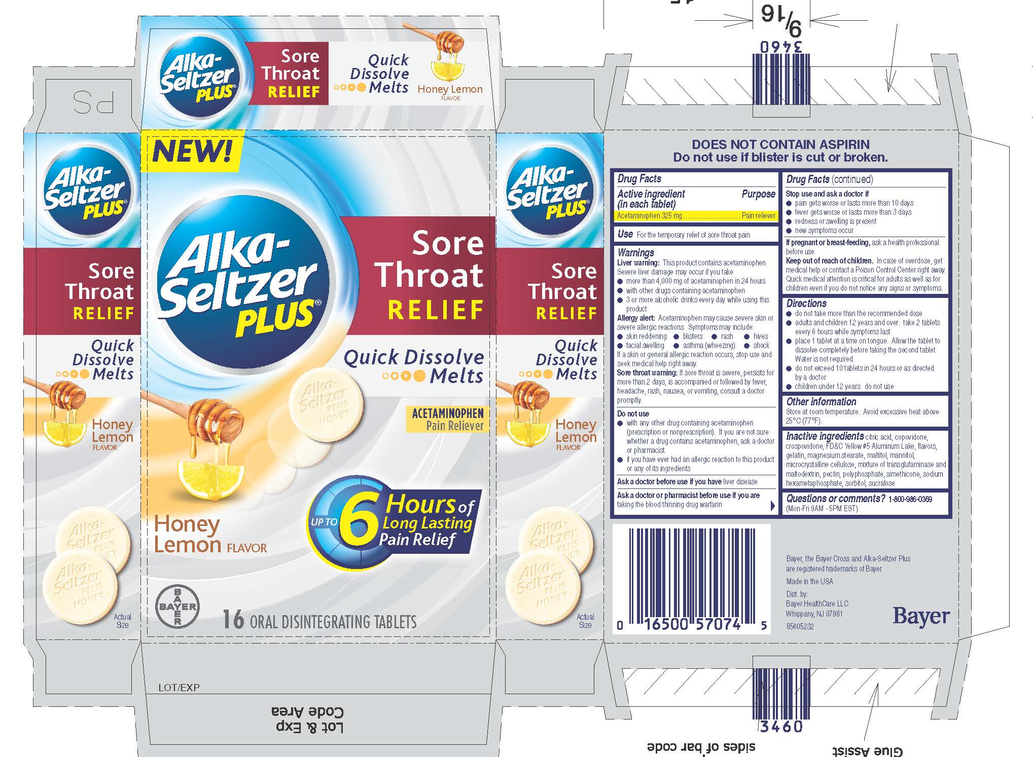 alka seltzer plus sore throat relief honey lemon flavor tablet