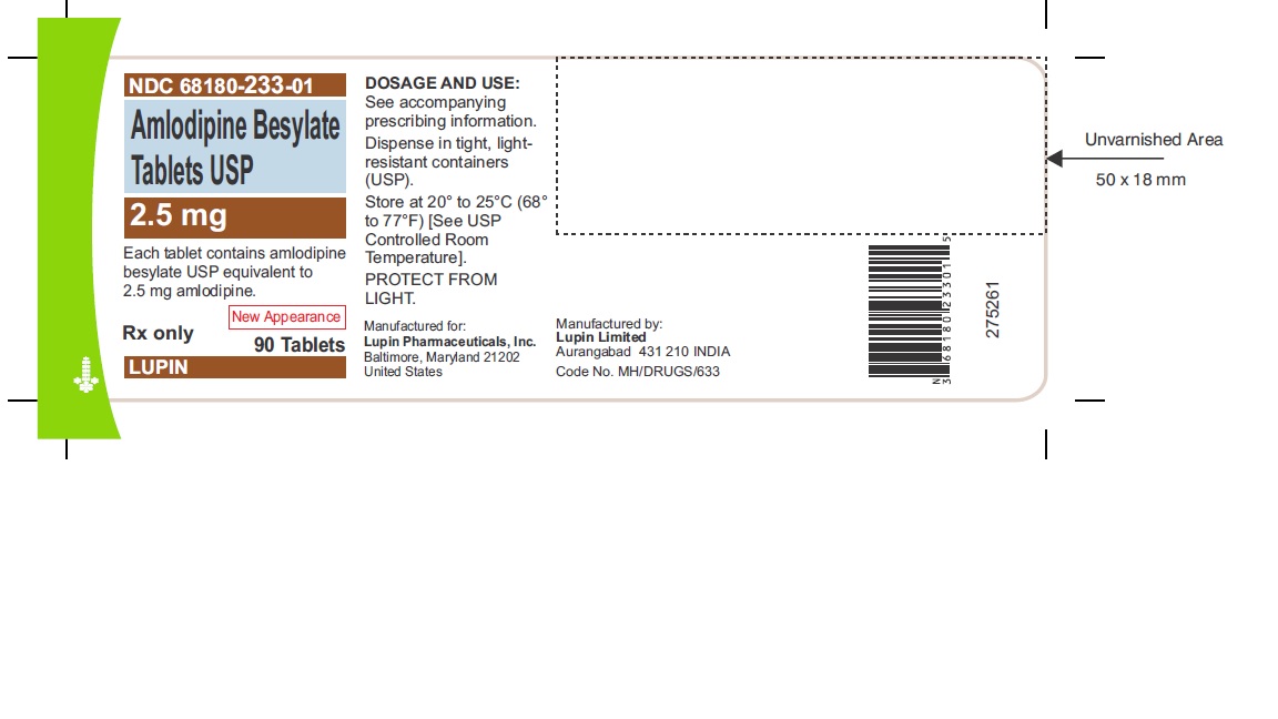 AMLODIPINE BESYLATE TABLETS USP
Rx only
2.5 mg
NDC 68180-233-01
90 Tablets