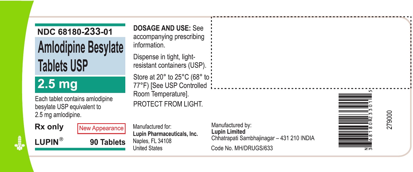 AMLODIPINE BESYLATE TABLETS USP
Rx only
2.5 mg
NDC 68180-233-01
90 Tablets
