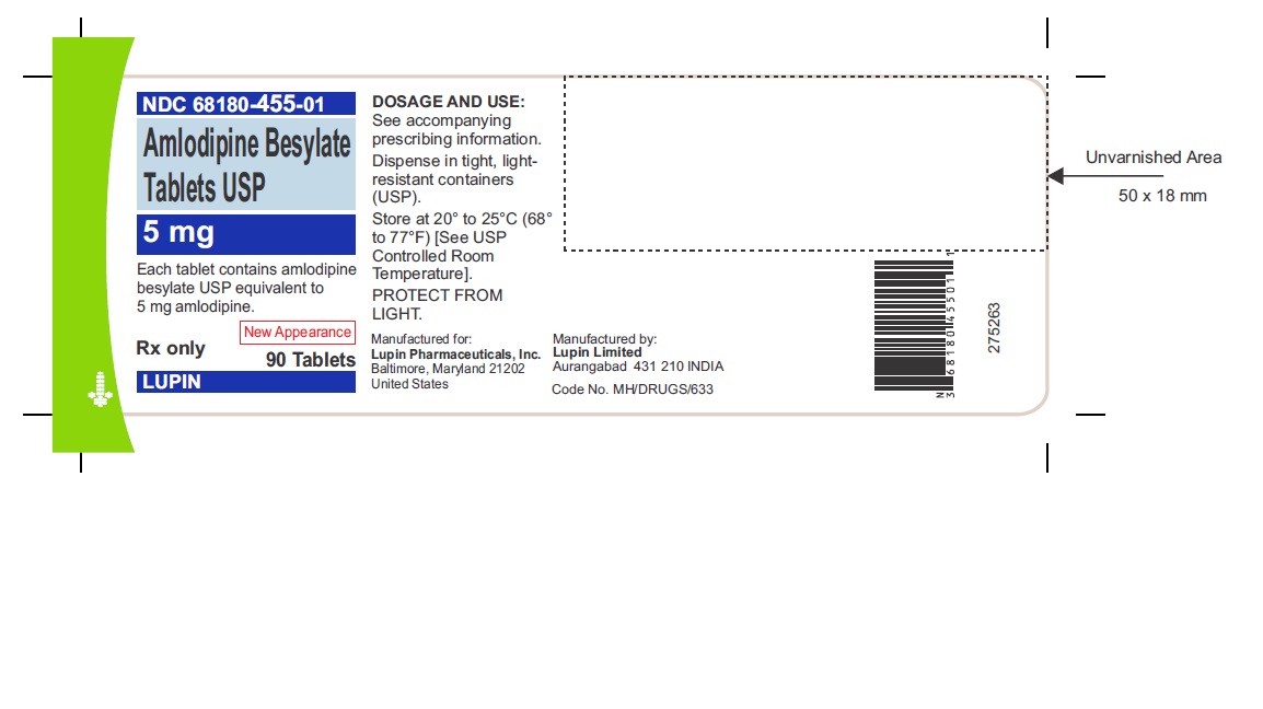 AMLODIPINE BESYLATE TABLETS USP
Rx Only
5 mg
NDC 68180-455-01
90 Tablets