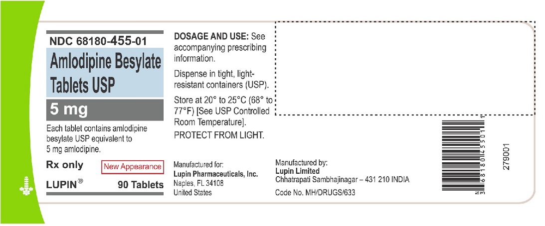AMLODIPINE BESYLATE TABLETS USP
Rx Only
5 mg
NDC 68180-455-01
90 Tablets