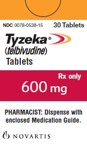 PRINCIPAL DISPLAY PANEL
Package Label – 600 mg
Rx Only		NDC 0078-0538-15
Tyzeka® (telbivudine) Tablets
600 mg
30 tablets
PHARMACIST:  Dispense with enclosed Medication Guide.
