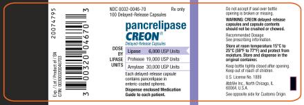 NDC 0032-0046-70
100 Delayed-Release Capsules
Rx only
pancrelipase
CREON®
Delayed-Release Capsules
DOSE BY LIPASE UNITS: 
Lipase 6,000 USP Units 
Protease 19,000 USP Units 
Amylase 30,000 USP Units
Each delayed-release capsule contains
pancrelipase in enteric-coasted spheres.
Dispense enclosed Medication Guide to each patient.

