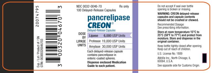 NDC 0032-0046-70
100 Delayed-Release Capsules
Rx only
pancrelipase
CREON®
Delayed-Release Capsules
DOSE BY LIPASE UNITS: 
Lipase 6,000 USP Units 
Protease 19,000 USP Units 
Amylase 30,000 USP Units
Each delayed-release capsule contains
pancrelipase in enteric-coasted spheres.
Dispense enclosed Medication Guide to each patient.
