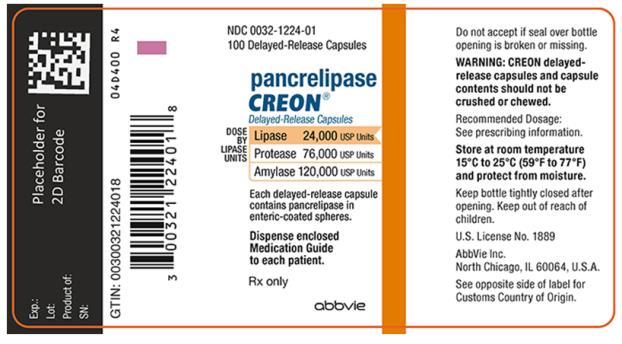 NDC 0032-1224-01
100 Delayed-Release Capsules 
pancrelipase 
CREON® 
Delayed-Release Capsules 
DOSE BY LIPASE UNITS: 
Lipase 24,000 USP Units 
Protease 76,000 USP Units 
Amylase 120,000 USP Units 
Each delayed-release capsule 
contains pancrelipase in 
enteric-coated spheres. 
Dispense enclosed 
Medication Guide 
to each patient.
Rx only 
abbvie 
