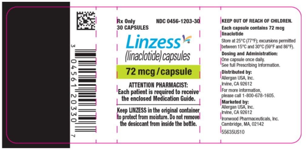 PRINCIPAL DISPLAY PANEL
NDC 0456-1203-30
Rx Only
30 CAPSULES
Linzess
(linaclotide) capsules
72 mcg/capsule
