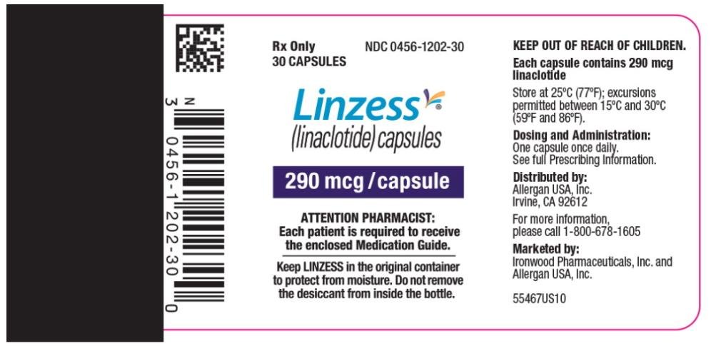 PRINCIPAL DISPLAY PANEL
NDC 0456-1202-30
Rx Only
30 CAPSULES
Linzess
(linaclotide) capsules
290 mcg/capsule
