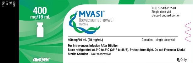 PRINCIPAL DISPLAY PANEL 400 mg/16 mL MVASI™ (bevacizumab-awwb) Injection NDC 55513-207-01 Single dose vial Discard unused portion 400 mg/16 mL (25 mg/mL) Contains 1 single dose vial For Intravenous Infusion After Dilution Store refrigerated at 2°C to 8°C (36°F to 46°F). Protect from light. Do not Freeze or Shake Sterile Solution – No Preservative Rx Only AMGEN®