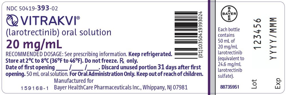 Package Label - 20 mg/mL - 50 mL Oral Solution NDC 50419-393-02 VITRAKVI® (larotrectinib) oral solution 20 mg/mL RECOMMENDED DOSAGE: See prescribing information. Keep refrigerated. Store at 2°C to 8°C (36°F to 46°F). Rx only. Date of first opening ____/____/____. Discard unused portion 31 days after first opening. 50 mL oral solution. For Oral Administration Only. Keep out of reach of children. Manufactured for Bayer HealthCare Pharmaceuticals Inc., Whippany, NJ 07981 88735951 (01)10350419393024 Bayer Each bottle contains 50 mL of 20 mg/mL larotrectinib (equivalent to 24.6 mg/mL larotrectinib sulfate).
